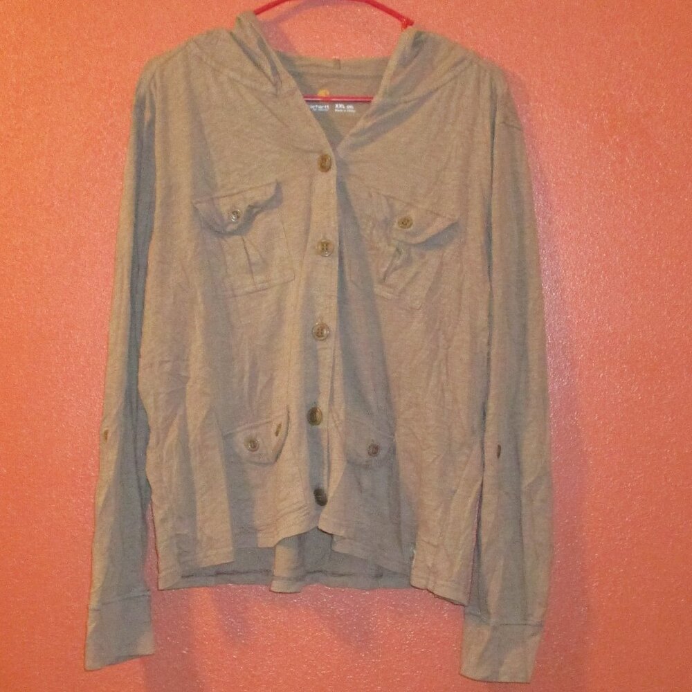 Carhartt Shirt Woman XX Large Brown Pockets Button Up Long Sleeve Hooded Shirt